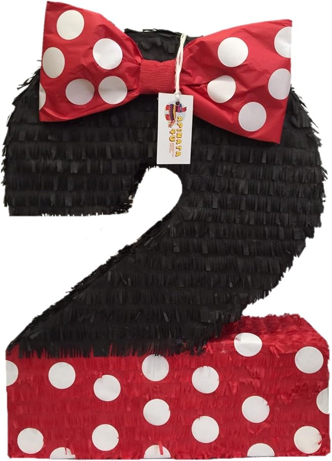 Large Number Two Pinata - Black with Red Bow, Perfect for Mouse Themed Birthday Party Decorations and Supplies