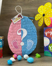 Load image into Gallery viewer, 19&quot; Tall Easter Egg Pinata with Baby Footprints for Gender Reveal Party Pink &amp; Blue Color Easter Party Supplie He or She Boy or Girl Easter Sunday Decorations What will our bunny be?
