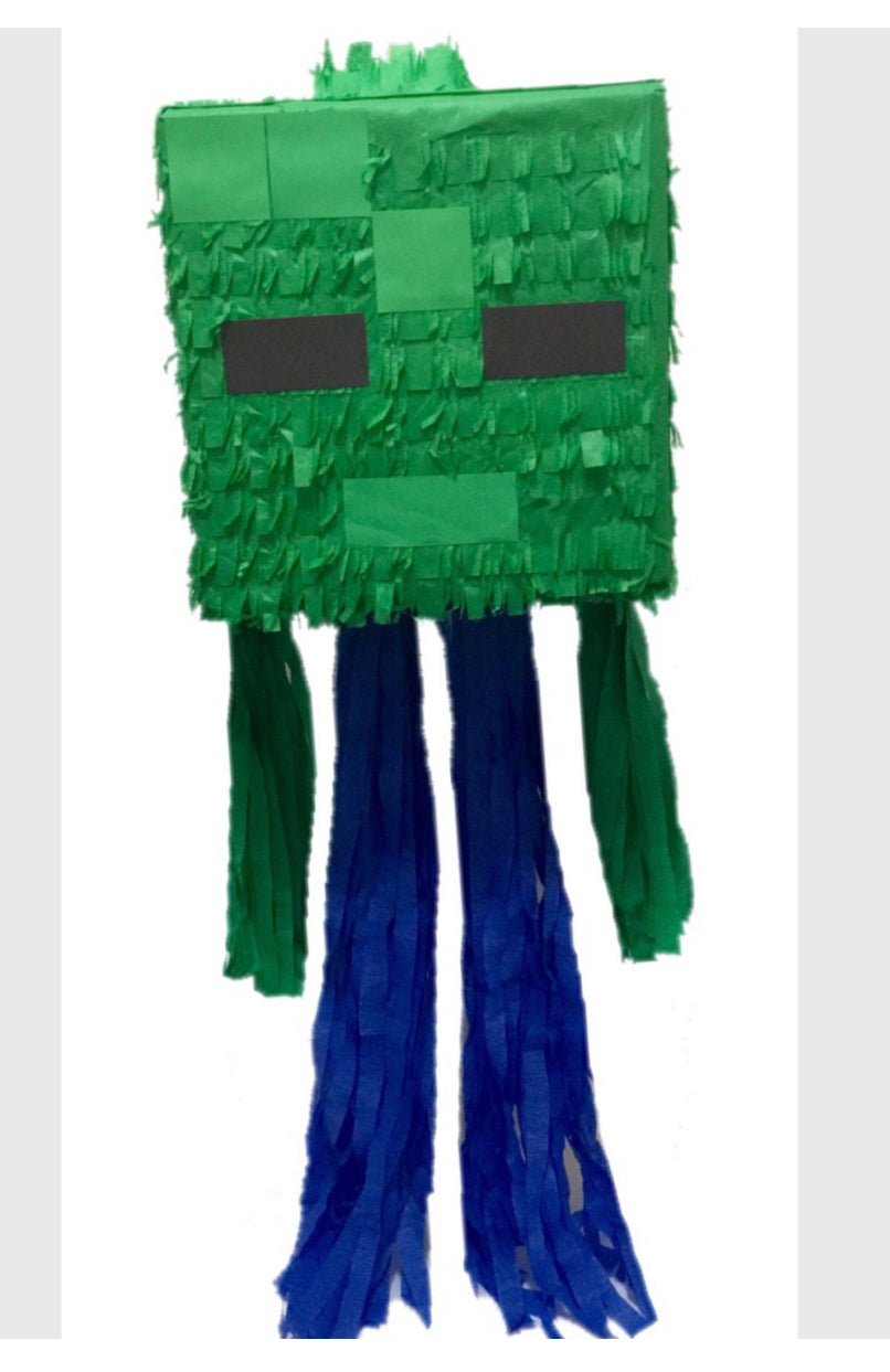 Green Mining Boy Cube Head Pinata, Perfect Video Game Party Favor for Gaming Enthusiasts, Ideal for Pixelated Themed Celebrations and Gift