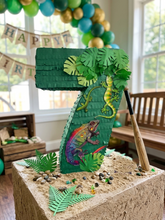 Load image into Gallery viewer, Number 7 Pinata, Handmade Number Seven Pinata for Kids 7th Birthday Party, Safari Animal Tropical Theme Decor, Lizard Reptile Party Supplies
