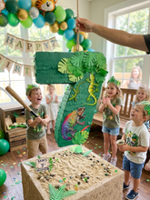 Load image into Gallery viewer, Number 7 Pinata, Handmade Number Seven Pinata for Kids 7th Birthday Party, Safari Animal Tropical Theme Decor, Lizard Reptile Party Supplies
