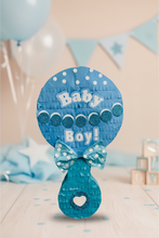 Load image into Gallery viewer, Blue Baby Boy Rattle Pinata with Bow, Its a Boy or Girl Party Decor, Baby Shower Party Favor, Gender Reveal Themed Party Supplies and Gift
