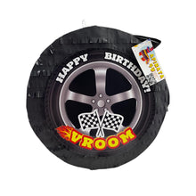 Load image into Gallery viewer, Race Car Tire Pinata, Black Checkered Flag Design, Motorsport Theme Party Decor, Kids Birthday Supply, Speed &amp; Race Track Celebration Pinata
