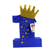 Load image into Gallery viewer, Royal Blue and Gold Crown Number One Pinata for Prince King Little Prince Theme First Birthday Party Decor, Big One Kids Party Celebration
