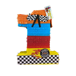 Race Car Themed Number One Pinata, Colorful, Checkered Flag Theme Pinata, Kids First Birthday Party Supplies, Race Track Birthday Decoration