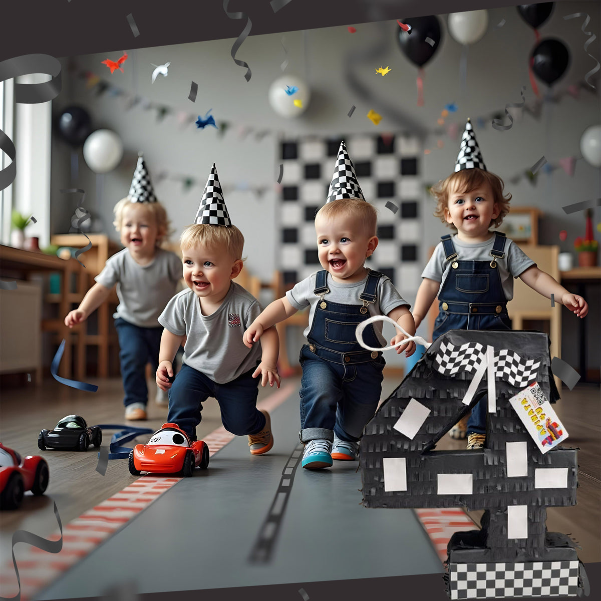 Number Four Race Car Pinata, Black Checkered Flag Pinata for 4th Birth ...
