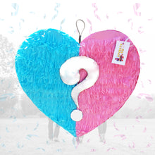 Load image into Gallery viewer, Gender Reveal Pinata, Heart Shaped Blue and Pink Party Decoration with Question Mark, Party Supplies, Baby Shower Celebration, Party Favor
