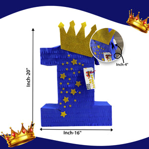 Royal Blue and Gold Crown Number One Pinata for Prince King Little Prince Theme First Birthday Party Decor, Big One Kids Party Celebration