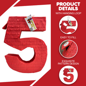 Number Five Solid Red Pinata, Birthday Party Supplies, Kids Fifth Birthday Pinata, Handmade Pinata for Five Year Old, Party Decor and Gift