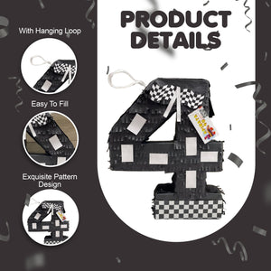 Number Four Race Car Pinata, Black Checkered Flag Pinata for 4th Birthday Party Decor, Motorsport Race Track Decor, Boys 4th Birthday Gift (Copy)