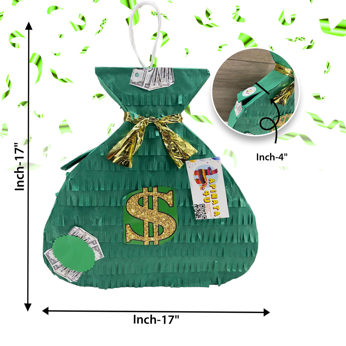 Money Bag Pinata, Party Decoration, Large 20 Inches Green Dollar Sign ...