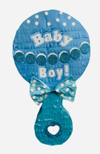 Load image into Gallery viewer, Blue Baby Boy Rattle Pinata with Bow, Its a Boy or Girl Party Decor, Baby Shower Party Favor, Gender Reveal Themed Party Supplies and Gift
