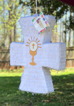 Load image into Gallery viewer, 20&quot; Tall White Cross Piñata with Gold Chalice Accents for Baptism or First Communion Easter Religious Celebration Faith
