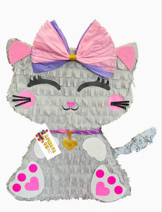 Cute Kitty Cat Pinata Birthday Gray Color With Pink Bow