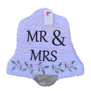 Mr & Mrs Wedding Bell Pinata 19" Tall White & Silver Colors