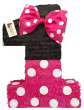 Load image into Gallery viewer, Number One Pinata, Hot Pink and Black, Mouse Themed First Birthday Party, Minnie Mouse Theme Celebration, Kids Party Supplies, Ready to Ship
