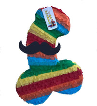 Load image into Gallery viewer, Penis Pinata Fiesta Colored with Mustache for Bachelorette Adult Party Over The Hill Gag Gift

