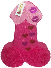 Load image into Gallery viewer, APINATA4U LLC - Penis Adult Pinata | Hot Pink with Glitter Kisses | Ideal for Bachelorette Party | Made with High Quality Cardboard | Party &amp; Game | Size - 20&quot;Tall | Easy to Use &amp; Fill
