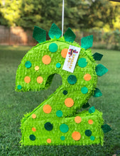 Load image into Gallery viewer, Large Number Two Pinata Second Birthday Pinata Bright Green Dinosaur Theme
